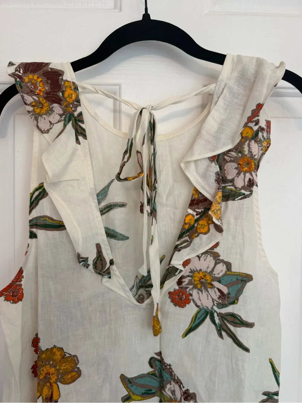 Free People Floral Linen Blend Mini Dress XS Ivory Boho Ruffle Back Tie